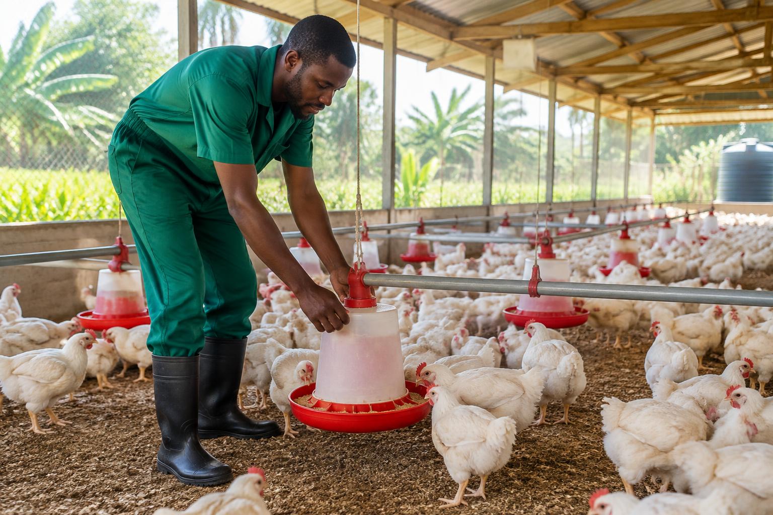 Farm worker caring for poultry in a clean, well-ventilated poultry house