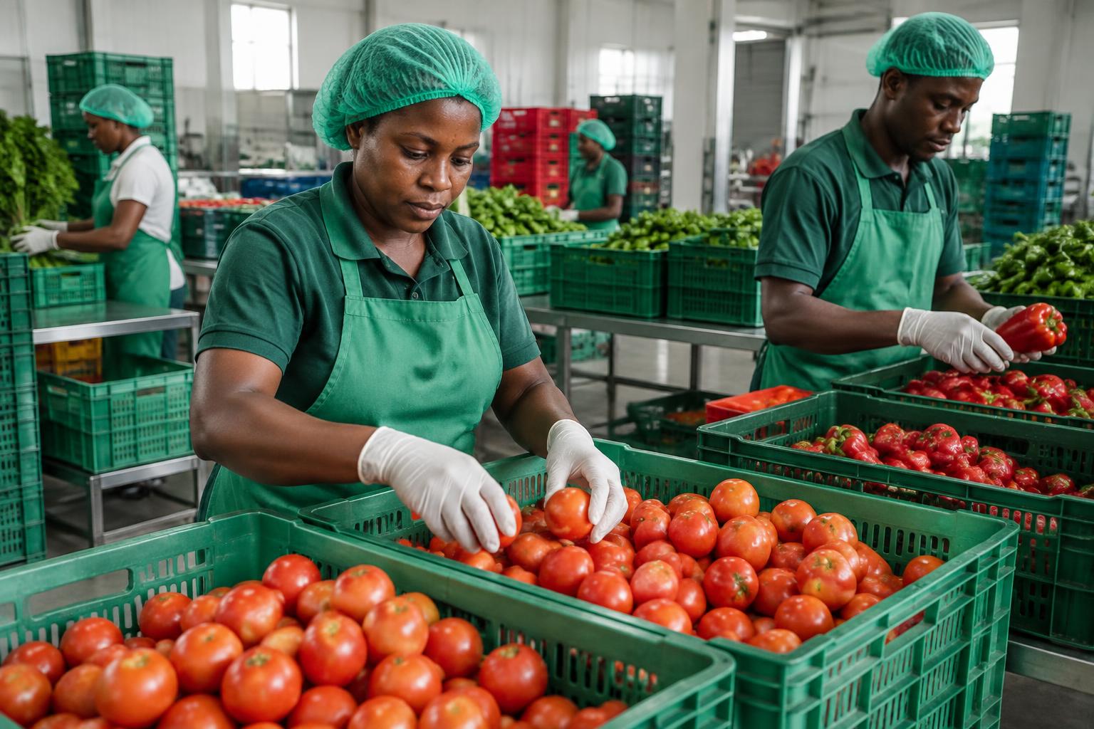 Workers carefully sorting fresh produce for processing and distribution